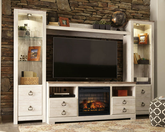 Willowton - Whitewash - Entertainment Center - TV Stand With Faux Firebrick Fireplace Insert - Forward Furniture
