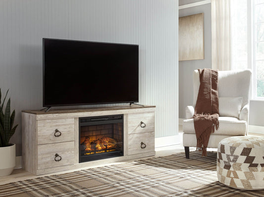 Willowton - Whitewash - 2 Pc. - TV Stand with Faux Firebrick Fireplace Insert - Forward Furniture