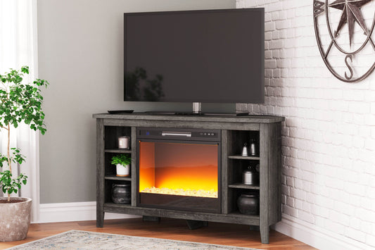 Arlenbry - Gray - Corner TV Stand With Glass/Stone Fireplace Insert - Forward Furniture