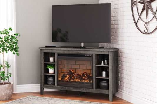 Arlenbry - Gray - Corner TV Stand With Faux Firebrick Fireplace Insert - Forward Furniture