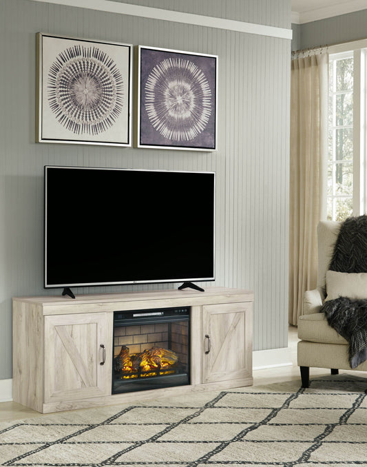 Bellaby - Whitewash - TV Stand With Faux Firebrick Fireplace Insert - Forward Furniture